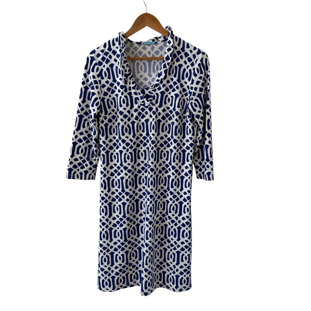 J. McLaughlin Durham Ruffle Sheath Dress M Blue White Catalina Cloth 3/4 Sleeve